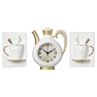 Часы настенные чайник пластик 26,5*24 + 2 чашки Классика корпус белый с золотом Рубин (1/5)