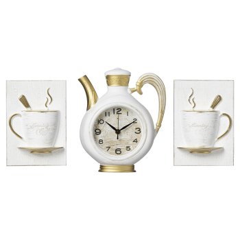 Часы настенные чайник пластик 26,5*24 + 2 чашки Классика корпус белый с золотом Рубин (1/5)