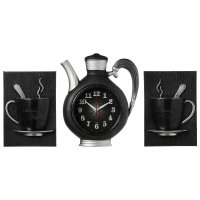 Часы настенные чайник пластик 26,5*24 + 2 чашки Узор корпус чёрный с серебром Рубин (1/5)