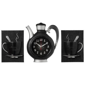 Часы настенные чайник пластик 26,5*24 + 2 чашки Узор корпус чёрный с серебром Рубин (1/5)