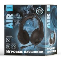 Гарнитура полноразмерная игровая Perfeo AIR, 1.8м, jack 3.5 (4pin)+USB, RGB-подсветка, переходник на 2 джека 3.5 (3pin), чёрный (1/20)