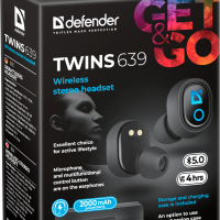 Гарнитура вкладыши TWS Defender Twins 639 Bluetooth зарядная станция 2000 мАч чёрный (1/40)
