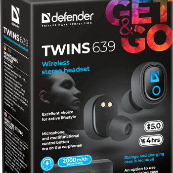 Гарнитура вкладыши TWS Defender Twins 639 Bluetooth зарядная станция 2000 мАч чёрный (1/40)