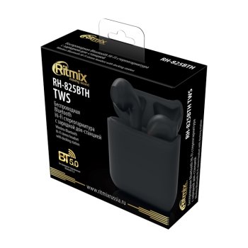 Гарнитура вкладыши TWS Ritmix 825BTH Bluetooth зарядная станция - 350мАч, наушники - 35мАч, зарядка через разъём Lightning, чёрный (1/40)