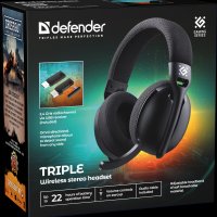 Гарнитура полноразмерная игровая Defender Triple, 3 режима подключения (Bluetooth+радиоканал 2.4ГГц+проводной), виртуальный звук 7.1, АКБ 300 mAh, чёрный (1/20)