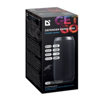 Колонка портативная Bluetooth Defender Enjoy S100 5Вт аккумулятор 1200мАч FM/MP3(microSD/USB)/AUX/TWS черный (1/40)