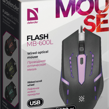 Мышь Defender Flash MB-600L 4кн, 800/1000/1200dpi, 7цветов подсветки, чёрный (1/40)
