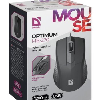 Мышь Defender Optimum MB-270 PRO 3кн, 1200dpi, кабель 1.8 метра, чёрный (1/100)