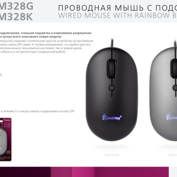 Мышь бесшумная Smartbuy 328, 4кн, 800/1200/1600/2400dpi, "Soft Touch"-покрытие, подсветка, серый металлик (1/40)
