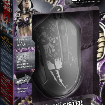 Мышь игровая Defender Sin'Sister GM-933 6кн, 800/1600/2400/4800/6400/7200dpi, радужная подсветка, коврик 220*180*3мм в комплекте, чёрный (1/40)