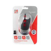 Мышь Gembird 221 5кн, 800/1200/1600dpi, черный/красный, беспроводная, батарейки в комплекте, блистер (1/60)