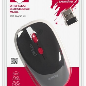 Мышь SmartBuy 344 One 4кн, 1000/1200/1600dpi, встроенный аккумулятор 350 mAh, зарядка от USB, чёрный/красный, беспроводная (1/40)
