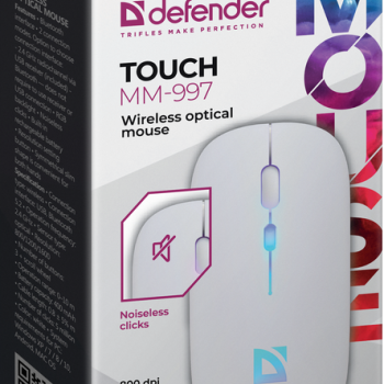 Мышь Defender бесшумная Touch MM-997, 4кн, 800/1200/1600 dpi, 2 режима подключения (BT + радиоканал 2.4 ГГц), RGB-подсветка, АКБ, белый, беспроводная (1/100)