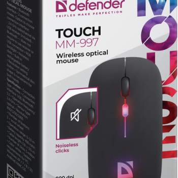 Мышь Defender бесшумная  Touch MM-997, 4кн, 800/1200/1600 dpi, 2 режима подключения (BT + радиоканал 2.4 ГГц), RGB-подсветка, АКБ, чёрный, беспроводная (1/100)