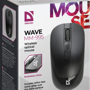 Мышь Defender бесшумная Wave MM-995 4кн, 800/1200/1600 dpi, чёрный, беспроводная (1/40)