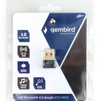 Адаптер USB-Bluetooth v.4.0 Gembird BTD-MINI5, радиус действия 50м, мини, чёрный (1/500)