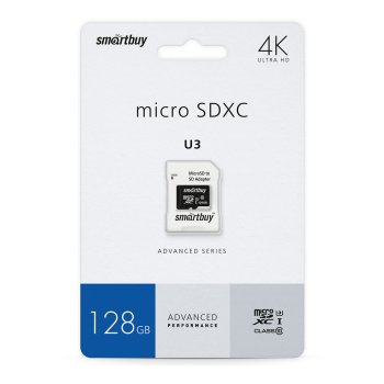Карта micro-SD SmartBuy 128GB Class 10 U3 V30 R/W:90/55 MB/s + адаптер (SDXC)