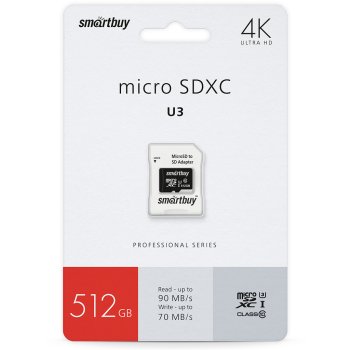 Карта micro-SD SmartBuy 512GB Class 10 PRO U3 R/W:90/70 MB/s + адаптер (SDXC)
