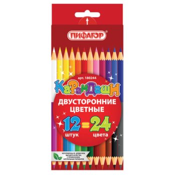 Карандаши цветные двухцветные Пифагор 12шт 24 цвета (1/12/240)