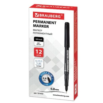 Маркер BRAUBERG "Super Slim" перманентный 0,8мм ЧЕРНЫЙ тонкий металлический наконечник (12)