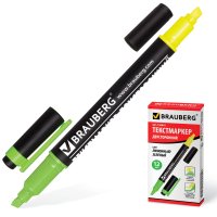 Маркер текстовый лимонный/зеленый BRAUBERG скошенный наконечник 1-4 мм двусторонний (2/12)