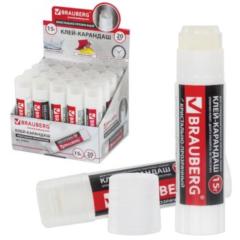 Клей-карандаш 15г Brauberg Crystal прозрачный PVP (1/20)