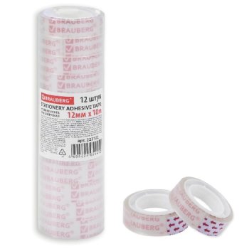 Скотч канцелярский Brauberg 12мм х 10м 35мкм комплект 12 шт прозрачный гарантированная длина (10/50)