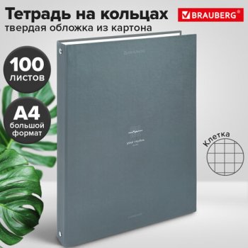 Тетрадь 100л. А4 клетка Brauberg "Rhythm" на кольцах твёрдый картон серый (1/10)