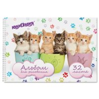 Альбом для рисования А4 32 листов Юнландия "Котики" 205*290мм 100г/м2 гребень обложка картон (12/6)