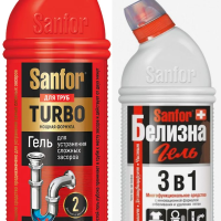 Набор Средство для очистки канализационных труб Sanfor 750г гель Turbo для сложных засоров + Белизна гель 500г Sanfor (7)