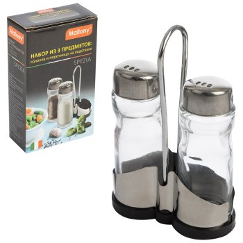 Набор из 3 предметов SPEZIA: солонка 40мл и перечница 40 мл на подставке нержав сталь, стекло (24)