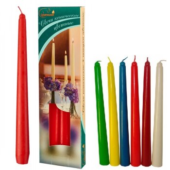Свеча коническая 24см d19 40г 4шт цветная кор (30)