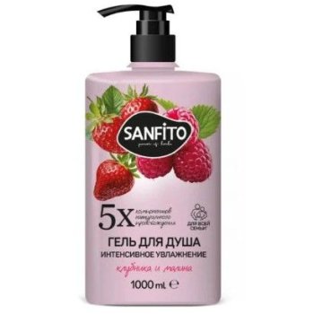 Гель для душа Sanfito 1л Клубника и малина интенсивное увлажнение