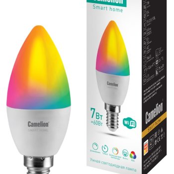 Умная лампа диодная свеча С35 7Вт Е14 RGBСW WiFi Camelion (10/100)