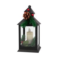 Декоративный фонарь со свечкой и шишкой 3000К 10.7х10.7х23.5см 3хААА черный (1/12)