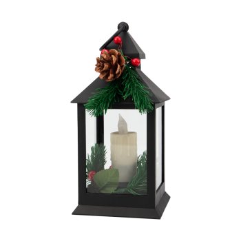 Декоративный фонарь со свечкой и шишкой 3000К 10.7х10.7х23.5см 3хААА черный (1/12)