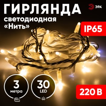 Нить белый каучук 3м тёплый свет 30LED IP65 Эра