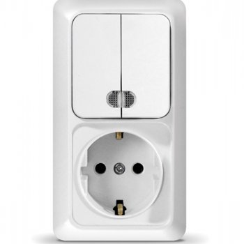 Блок Олимп вертикальный 2кл. подсветка + розетка с/з белый (5)