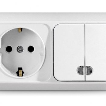 Блок Олимп горизонтальный 2кл. подсветка + розетка с/з белый (5/50)